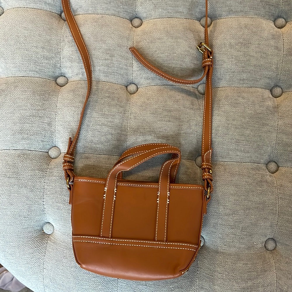 J.CREW Brown/Tan Mini Montauk tote in leather small purse carry all crossbody